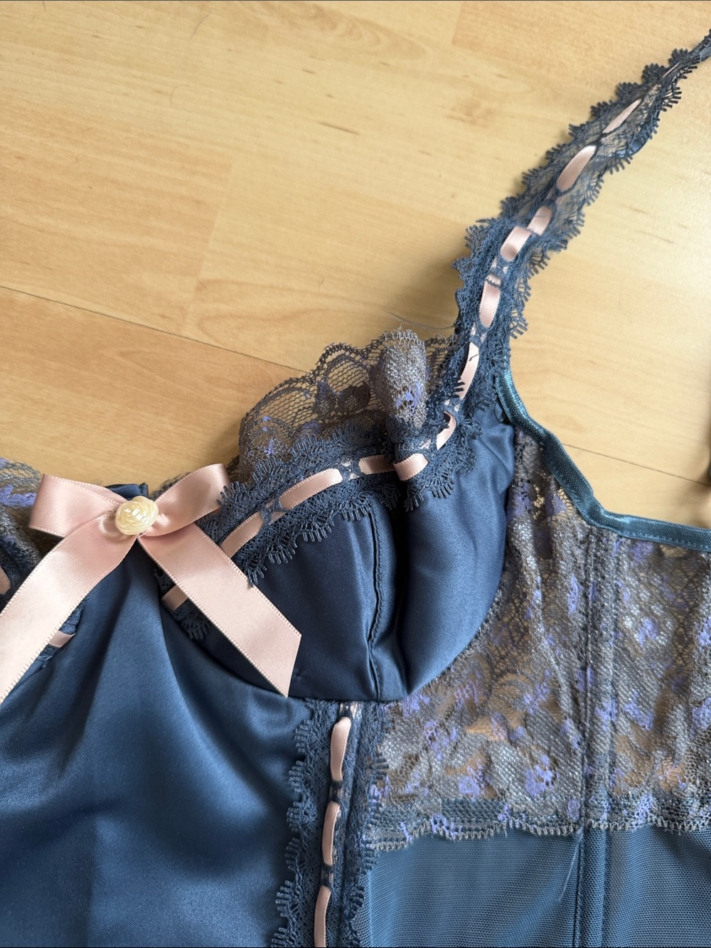 Coquette Navy Lace-Trim Longline Bustier with Pink Bow Set